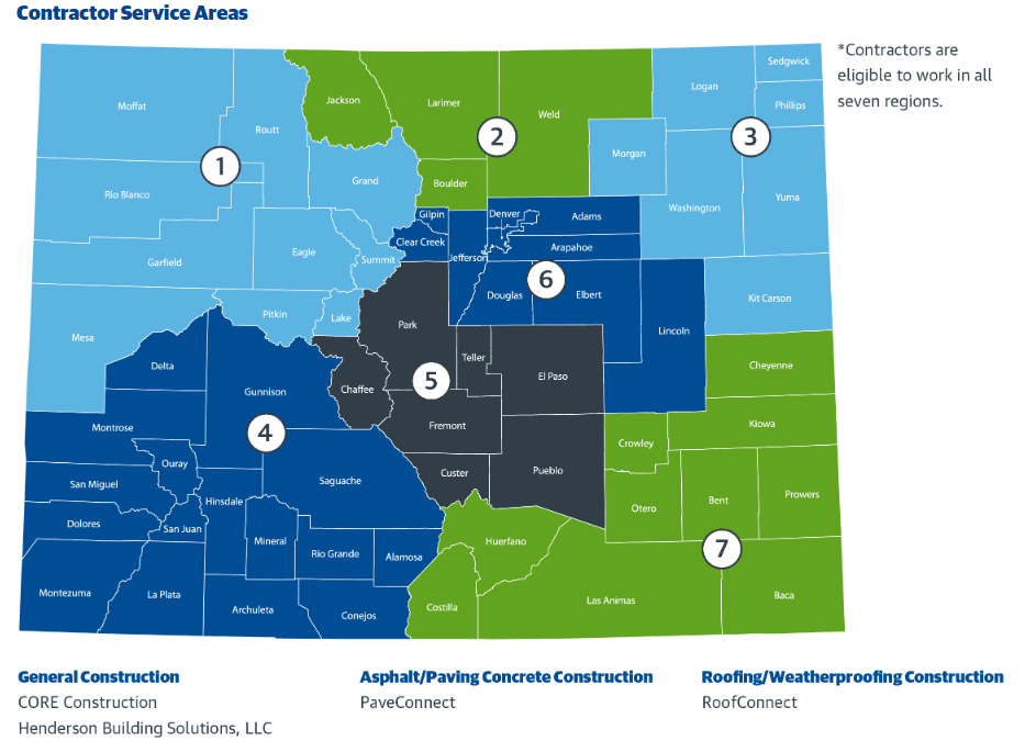Equalis Group & Gordian (CO JOC Contractor Map) Map showing the contractors available for the Equalis Group & Gordian Colorado JOC Program