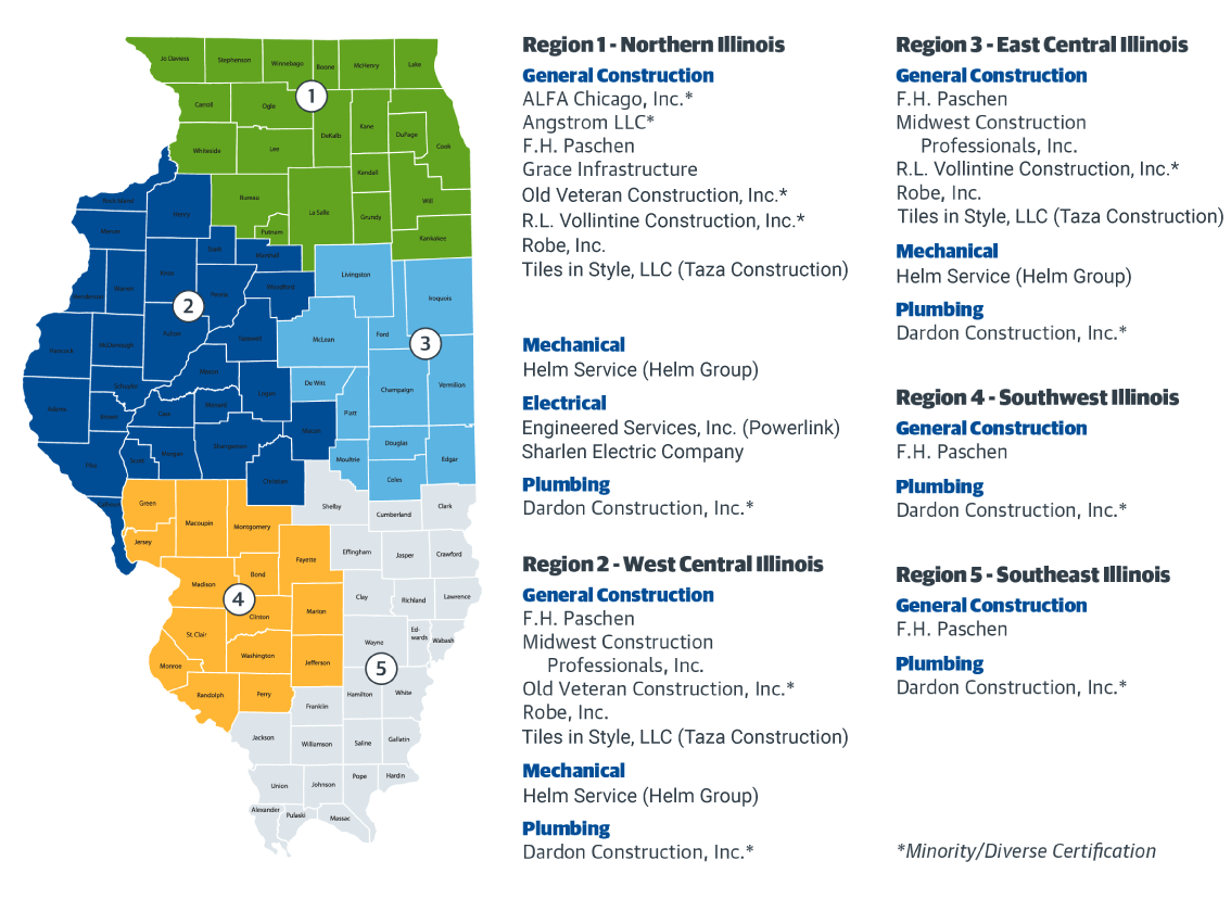 Gordian & Equalis (Illinois Contractor Map) Map showing the contractors available for the Equalis Group & Gordian Illinois JOC Program