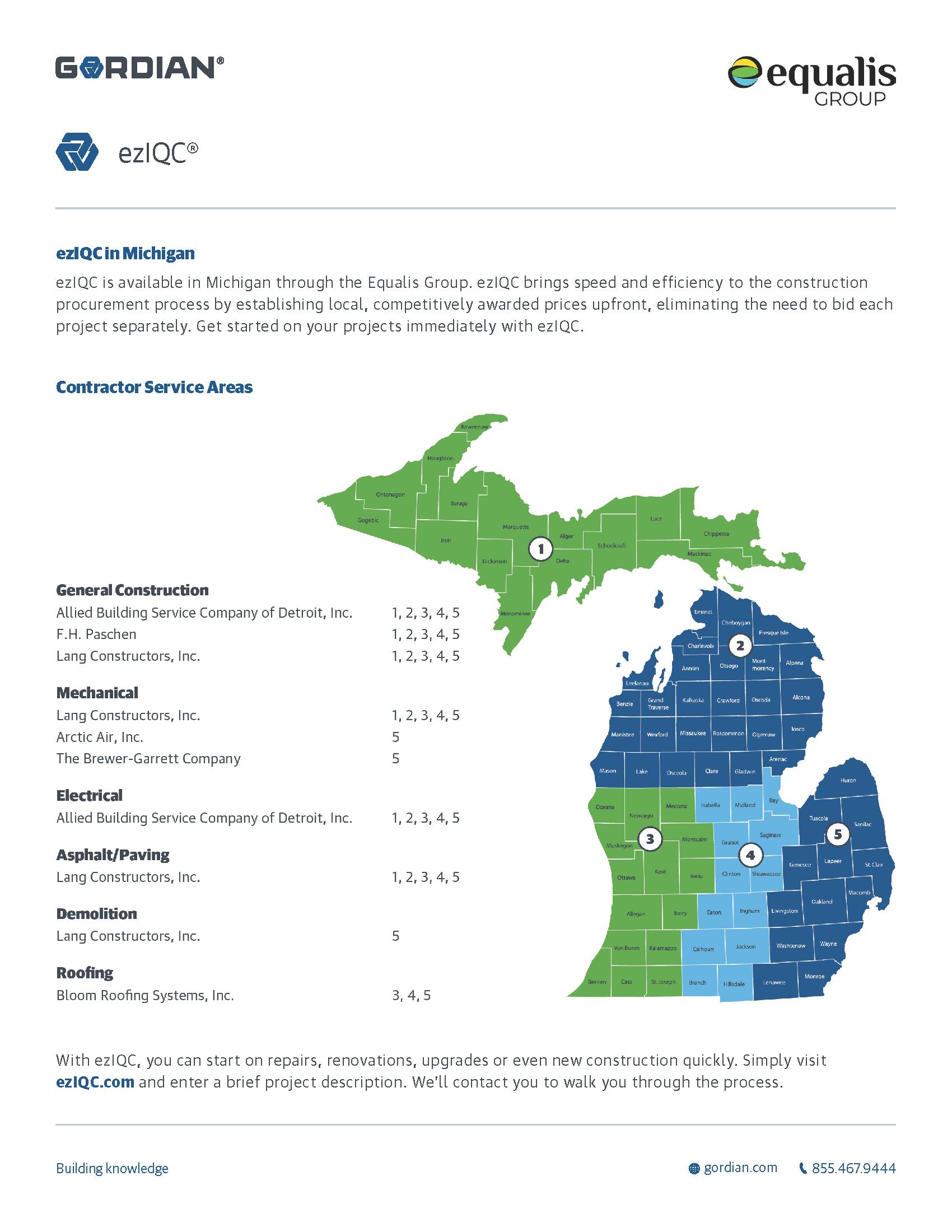 Gordian & Equalis (JOC MI Contractors) Map showing the contractors available for the Equalis Group & Gordian Michigan JOC Program